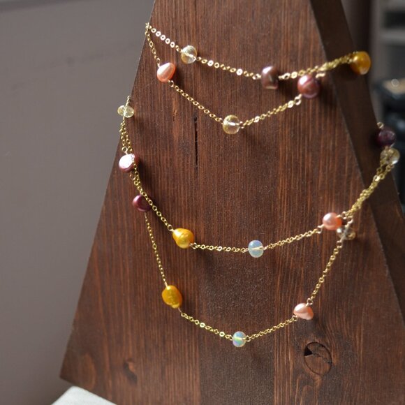Long Pearl and Gemstone Wrap Necklace in Gold - Picture 2 of 10